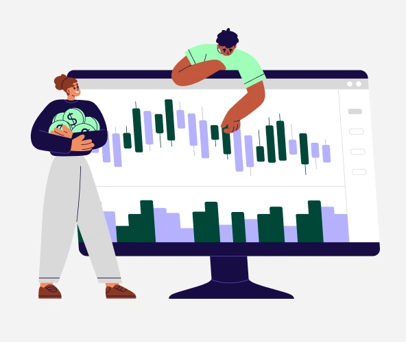 Flat illustration of two people managing stock market data and coins on a large computer monitor.