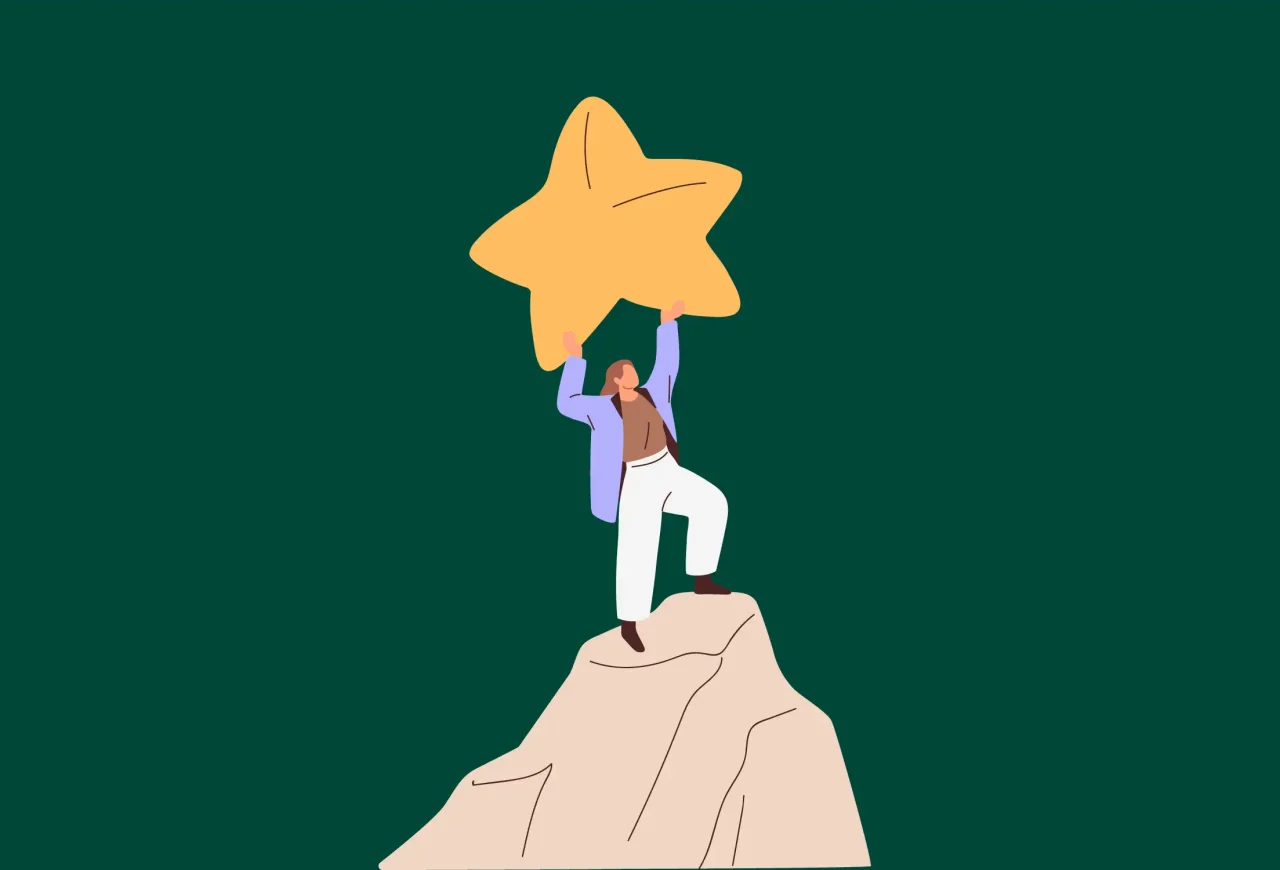 cartoon character holding a star on top of a mountain, symbolising how ThinkAutomation can shape your organisations future.