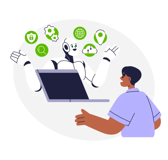 Illustration of a friendly robot emerging from a laptop with icons, representing Insurance AI assisting a person.