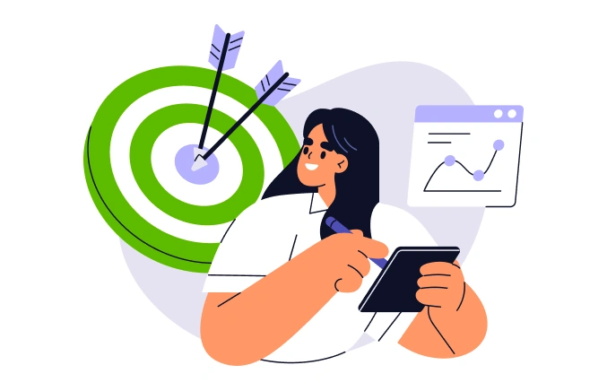Animation of successful business process automation implementation showing a bullseye and data sheet