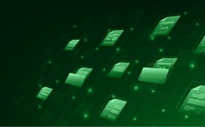 Business intelligent document processing concept with green digital document and folder icons on a grid.