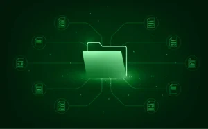 Future proofing your business with intelligent document processing: a central folder connected to document icons.