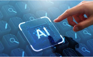Ready for intelligent document processing: a hand touching a glowing AI chip icon over digital document icons.