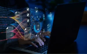 The evolution of document processing: hands typing with AI icons and document data streams overlaid on screen.