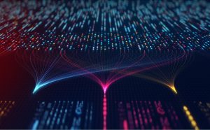 What is intelligent document processing? Visualized as colorful data streams converging into unified points.