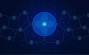 OCR to IDP evolution: a central AI node connected to multiple document icons in a network diagram.